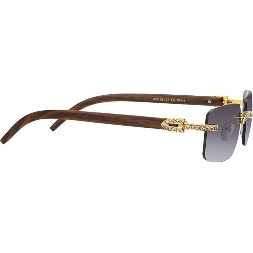 Rimless‎ Sunglasses Rectangle Black Lens Frame Rhinestone Accents Men Lentes New